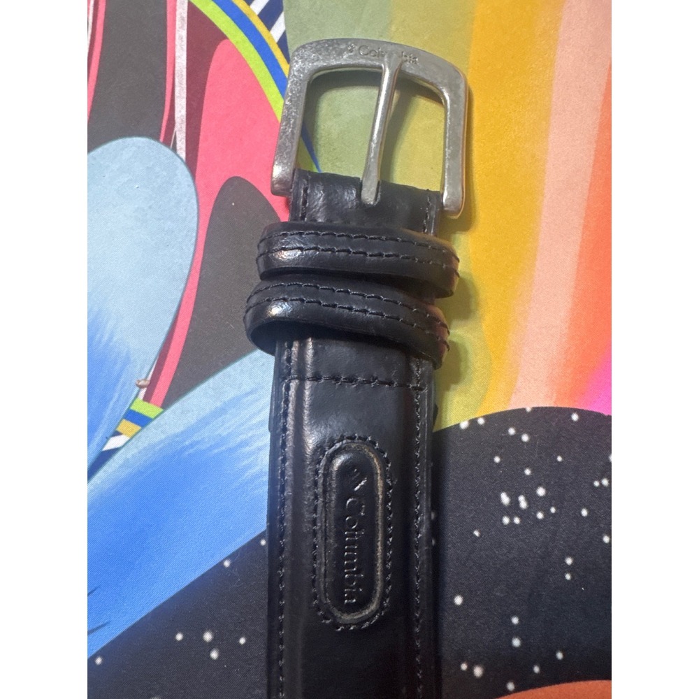 Columbia Mens Black Leather Belt XL 42-44 Silver Buckle 11CO02A3